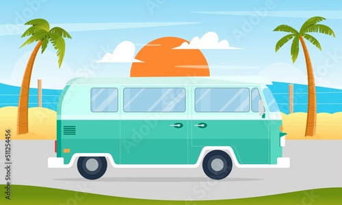 Retro vintage travelling van on the tropical landscape, palm trees, road with beach and sand. Camping, road trip, summer concept. Flat vector illustration