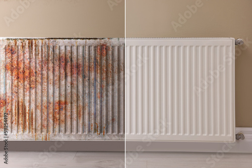 Collage with photos of panel radiator affected by rust and new one on beige wall