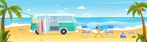 Retro vintage travelling van on the beach with surfboards. Camping, road trip, summer concept. Picnic chairs and table. Flat vector illustration, tropical landscape