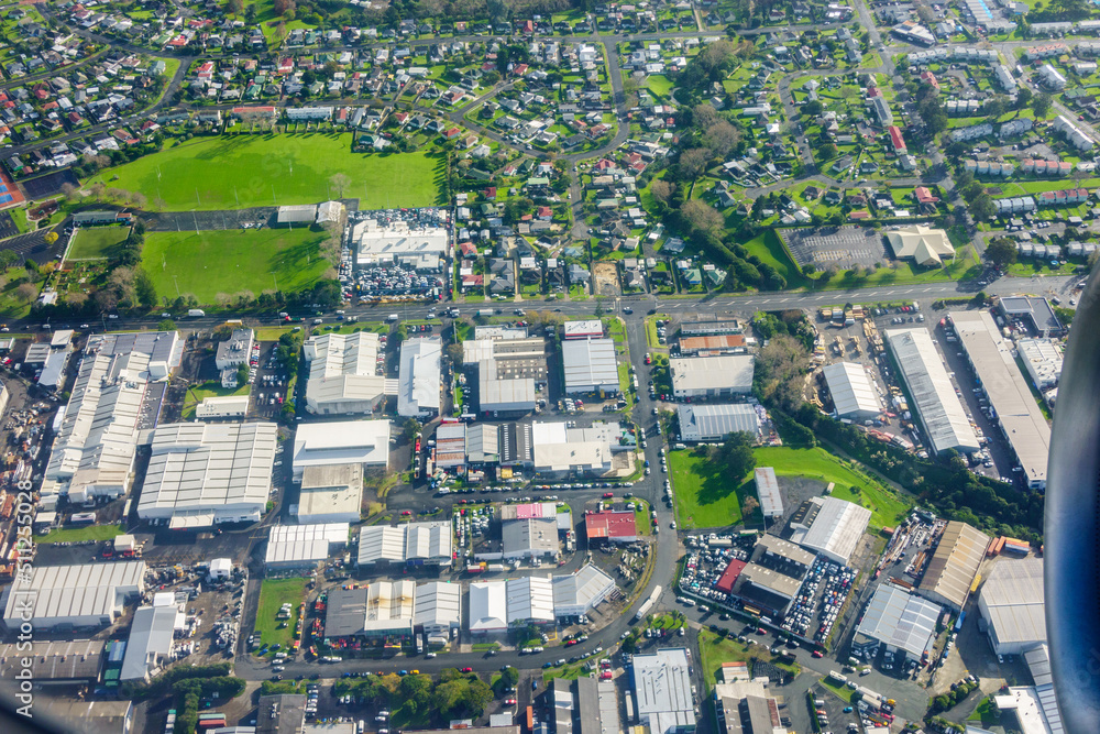 Rooftop patterns of industrial and bordering residential area in South Auckland.