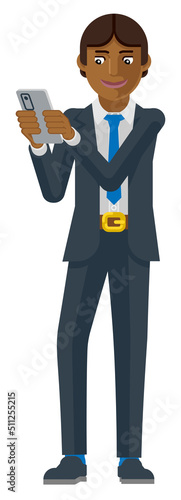 Business Man Holding Phone Cartoon Mascot