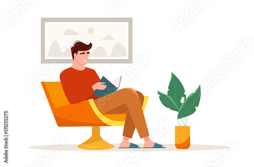 A flat Man in home clothes reads a book and sits in a chair. Leisure time, hobby. Male cartoon character.