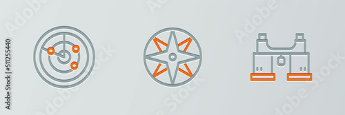 Set line Binoculars, Radar with targets and Wind rose icon. Vector