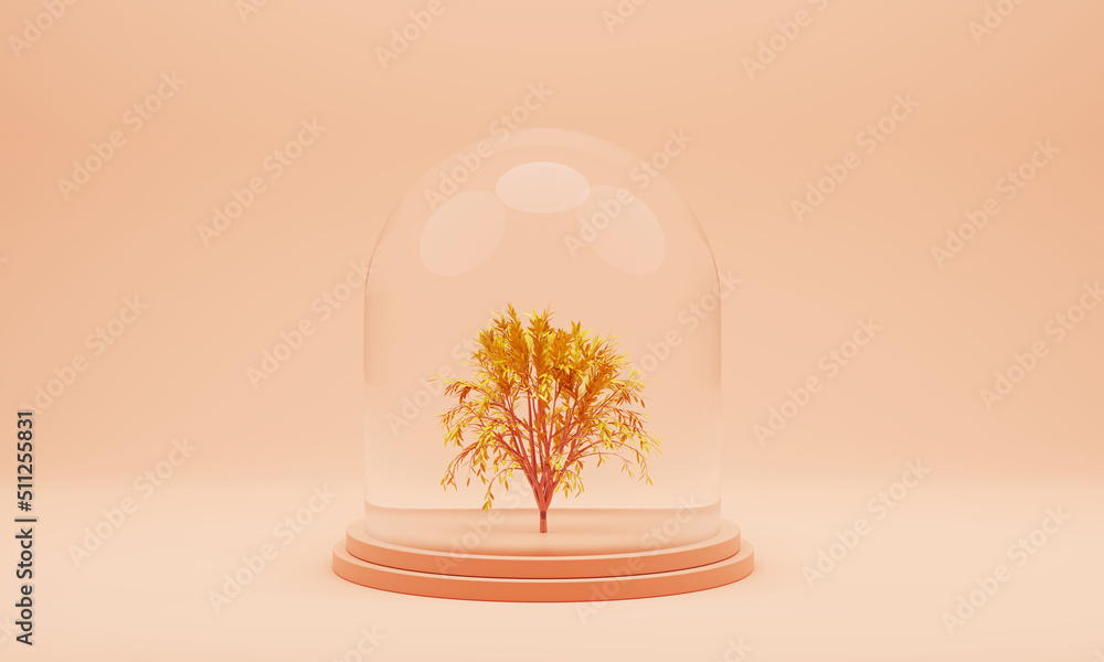 Protected golden tree in a glass jar on light blue background, 3d render