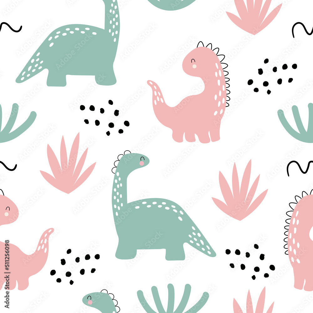 Fototapeta premium Seamless pattern with dino in doodle style. Dinosaurs, bushes, dots and doodles. Trendy children's wallpaper. Modern design. Hand drawn vector. On a white background.