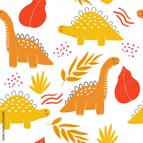 Vector hand drawn bright cute dinosaurs and tropical leaves. Dots and bushes in doodle style. Seamless pattern. Children s wallpaper.