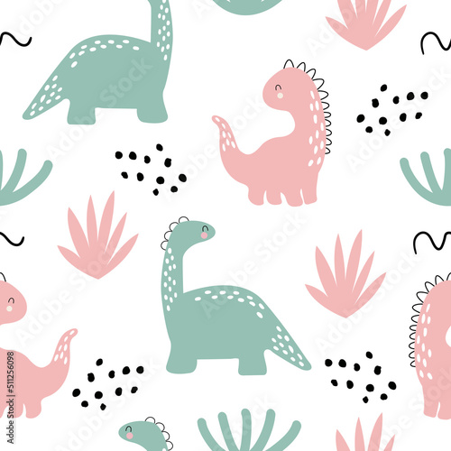 Seamless pattern with dino in doodle style. Dinosaurs  bushes  dots and doodles. Trendy children s wallpaper. Modern design. Hand drawn vector. On a white background.