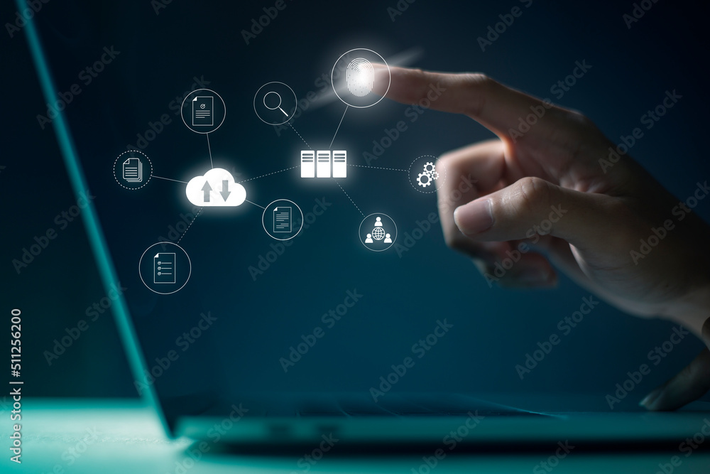 Naklejka premium Document Management System (DMS) Online Document Database and automated processes to manage files, knowledge, and documents in an organization effectively with ERP, enterprise business technology.