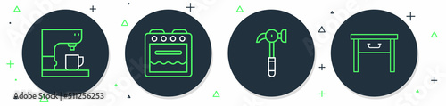 Set line Oven, Hammer, Coffee machine and Furniture nightstand icon. Vector