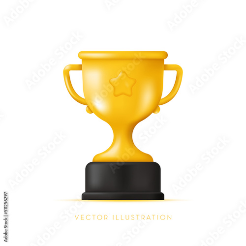 Golden Champion trophy, cup with star. Winner prize, sports award, success concept. Vector illustration in 3d minimal style