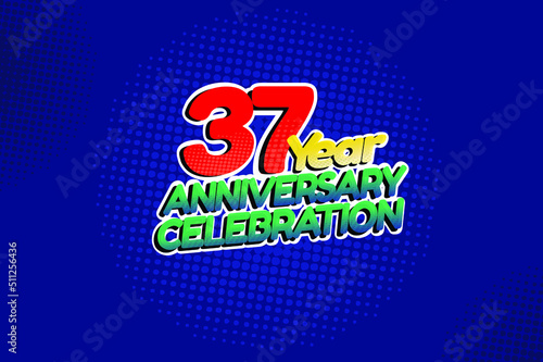 37 year anniversary celebration fun style logotype. anniversary logo with red, purple and blue color isolated on red background, vector design for celebration, invitation and greeting card - Vector