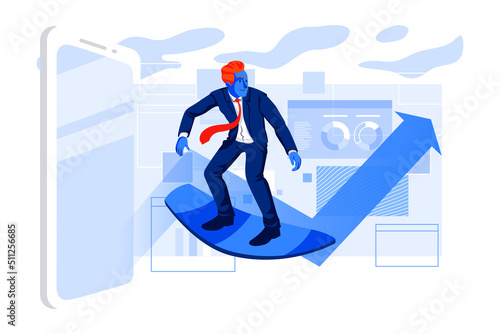 Businessman surfing on the internet with arrow and grow chart up increase profit sales and investment. Business return on investment ROI concept illustration.