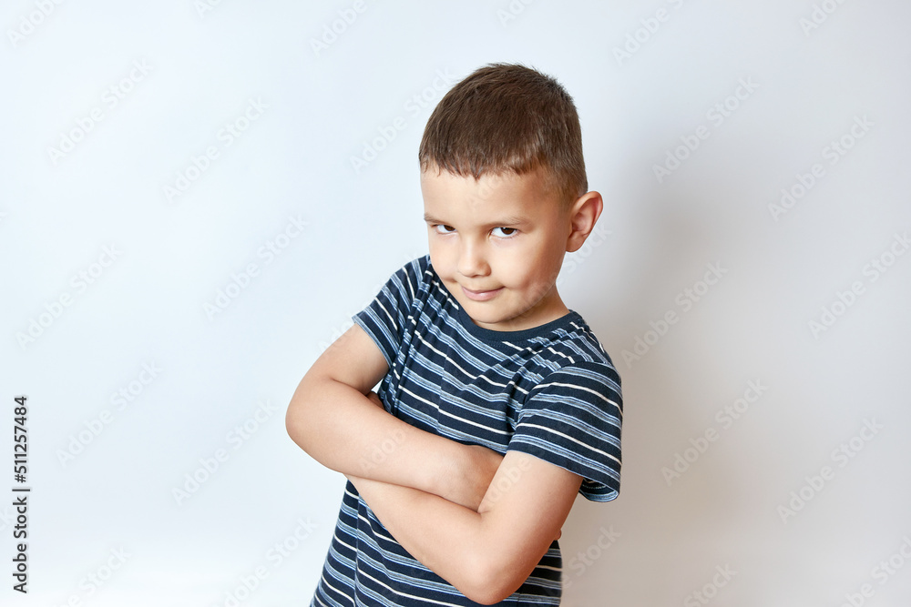 Little smiling boy posing with folded arms. Little smiling boy posing with folded arms.