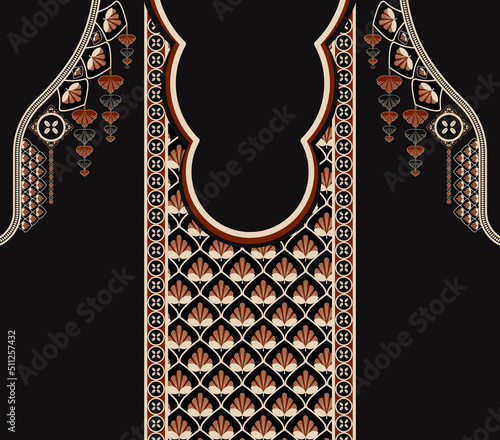 Vector ethnic African neckline pattern red-gold color flower shape design on black background. Elegant tribal art for shirts.