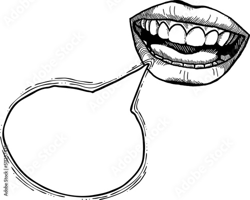 Talking open mouth with bubble cloud. Sexy woman lips telling secret or shouting loud. Speech, storytelling, news for all ears. Hand drawn retro vintage vector illustration. Old style drawing.