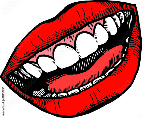 Perfect smile with shiny white teeth. Mouth hygiene and dentist medical care illustration. Woman lips with beautiful and happy smiling open mouth. Hand drawn vintage vector. Old style drawing.