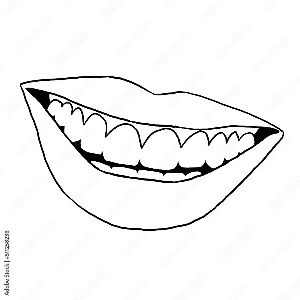 Obraz premium Perfect smile with shiny white teeth. Mouth hygiene and dentist medical care illustration. Woman lips with beautiful and happy smiling open mouth. Hand drawn vintage illustration. Old style drawing.