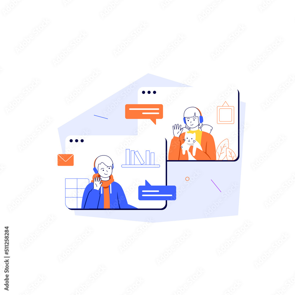 Man and woman consult via online videoconference vector illustration