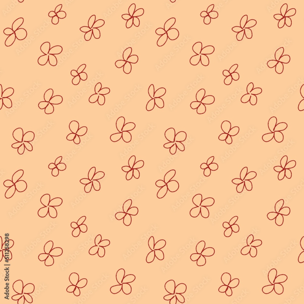 Seamless pattern with small hand-drawn flowers, abstract botanical pattern on a beige background. Small red flowers in sketch style, pattern for fabrics, packaging, dresses.