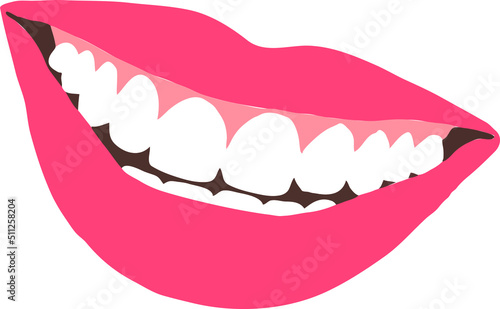 Perfect smile with shiny white teeth. Mouth hygiene and dentist medical care illustration. Woman lips with beautiful and happy smiling open mouth. Hand drawn vintage vector. Old style drawing.