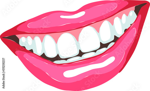 Perfect smile with shiny white teeth. Mouth hygiene and dentist medical care illustration. Woman lips with beautiful and happy smiling open mouth. Hand drawn vintage vector. Old style drawing.