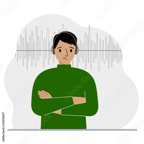 Man in headphones and a sound track. Concept of online podcast, radio, online books, online learning and music.