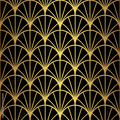 Art Deco fan pattern in gold and black. Luxury ornamental geometric decor. Interior design wallpaper. 
