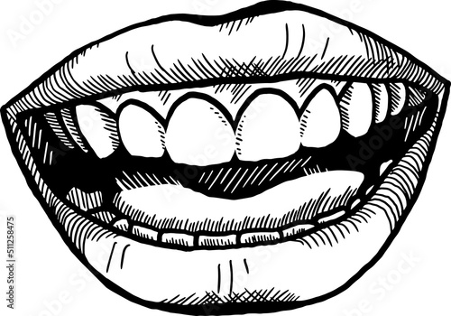 Perfect smile with shiny white teeth. Mouth hygiene and dentist medical care illustration. Woman lips with beautiful and happy smiling open mouth. Hand drawn vintage vector. Old style drawing.