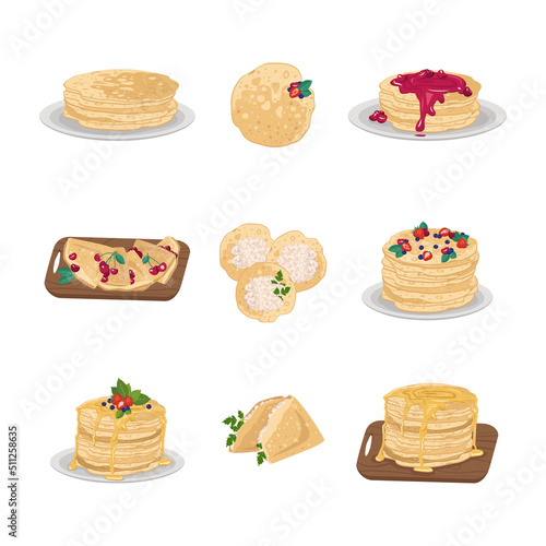 Set of thin pancakes on plate and wooden board with sweet berries, cottage cheese, jam and honey. Festive dish for Maslenitsa, carnival and Shrovetide. Delicious pastries. Vector flat illustration