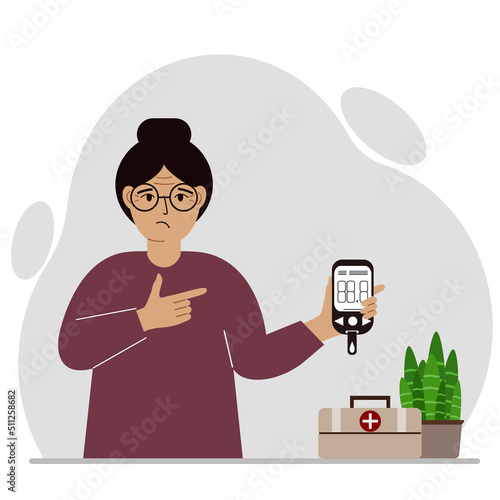 Sad woman holds a glucometer in his hand. The concept of blood sugar control, diabetic.