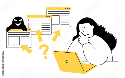 Vector illustration of a woman choosing the right site on her laptop.