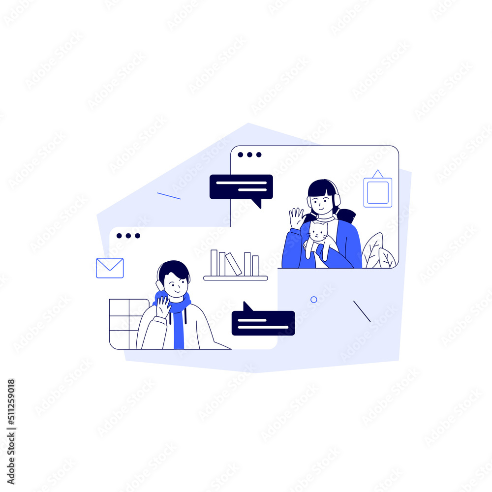 Man and woman consult via online videoconference vector illustration