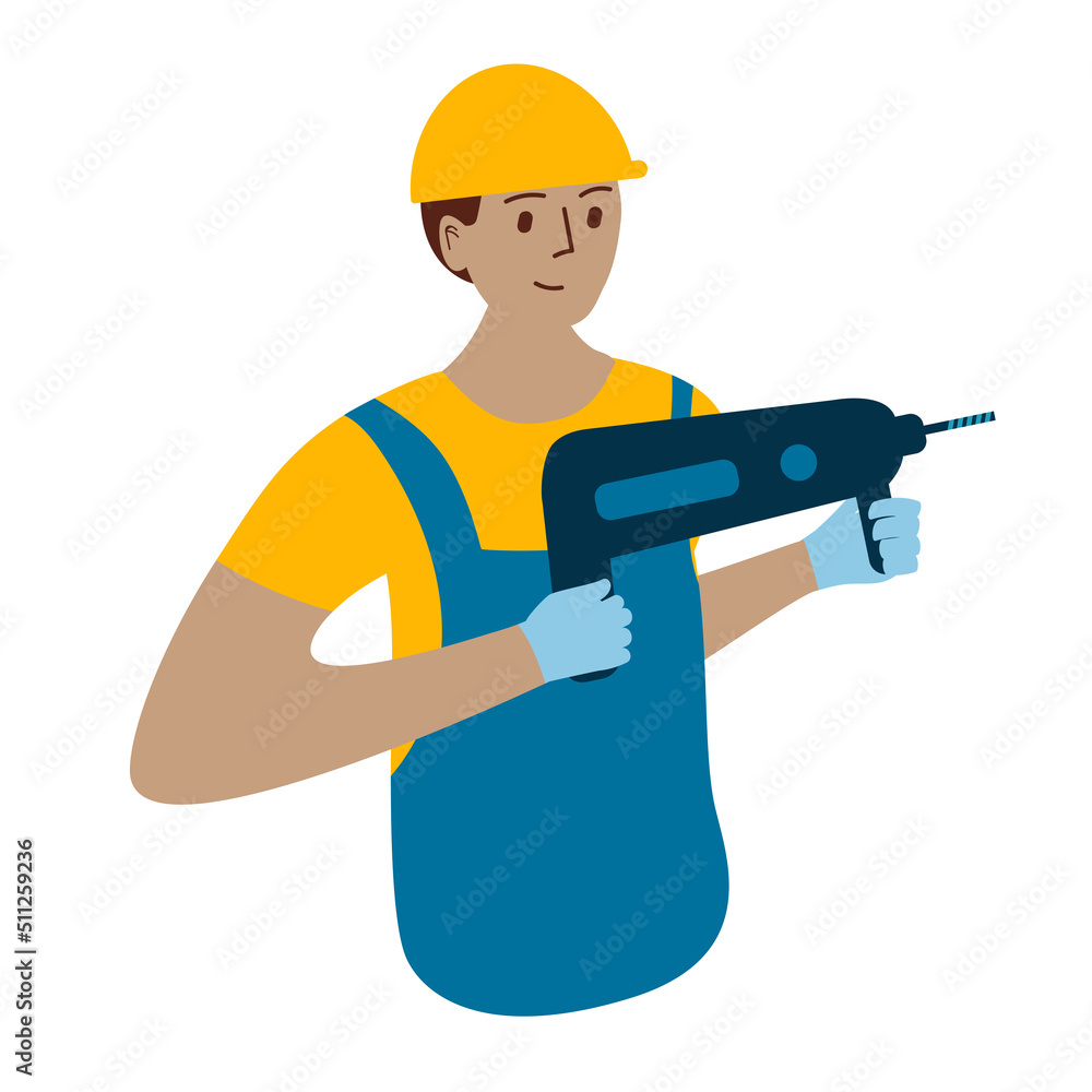 Man with ahammer drill drills wall. Illustration about construction, repair. Man with ahammer drill drills wall. Illustration about construction, repair.