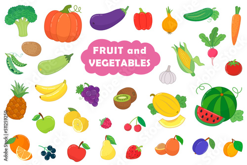 Fototapeta Naklejka Na Ścianę i Meble -  Big set of fruit and vegetables in cartoon style. vector illustration