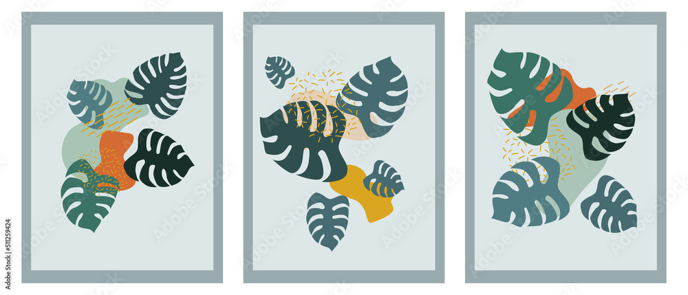 Tropical Memphis wall art set. Various monster leaves, abstract forms. Doodle style. Contemporary modern trendy r illustrations. Continuous line, minimalistic elegant concept. Tropical Memphis wall art set. Various monster leaves, abstract forms. Doodle style. Contemporary modern trendy r illustrations. Continuous line, minimalistic elegant concept.
