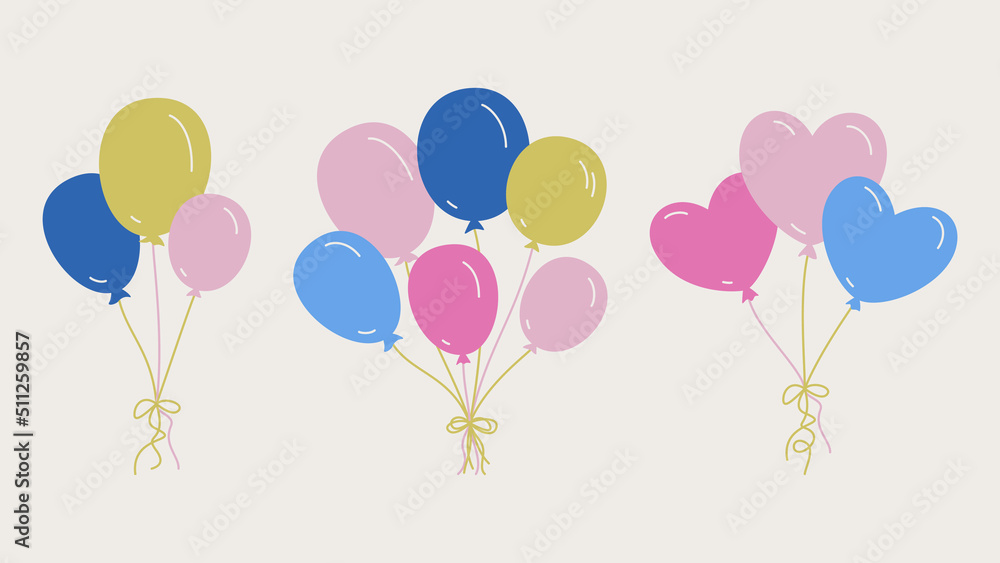 Set of vector balloon illustrations. Collection of multicolor stylish party balloon icons. 
