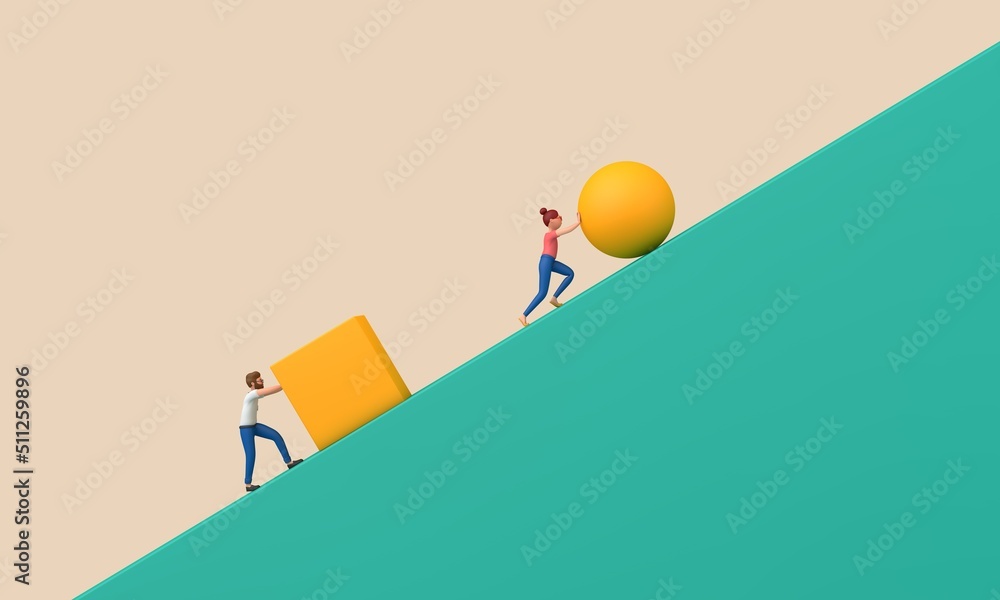 Work smarter not harder concept. pushing ball and cube up steep hill. 3D Rendering Work smarter not harder concept. pushing ball and cube up steep hill. 3D Rendering