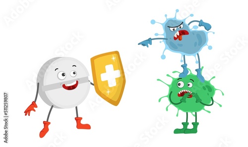 Superhero pill with shield fighting against virus
