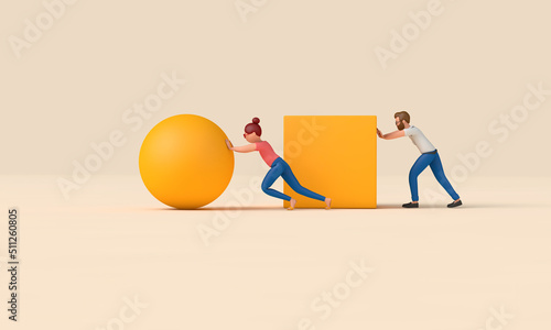 Efficient business. Person pushes a ball instead of a cube. 3D Rendering
