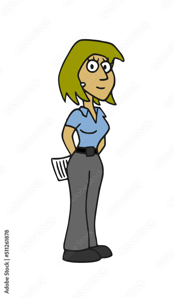 Cute standing woman character wearing workwear, uniform with her hands on her back and holding a paper. Colorful cartoon style vector illustration isolated on white background. Cute standing woman character wearing workwear, uniform with her hands on her back and holding a paper. Colorful cartoon style vector illustration isolated on white background.