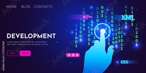 Web development, coding and programming futuristic banner. Hand touching computer code