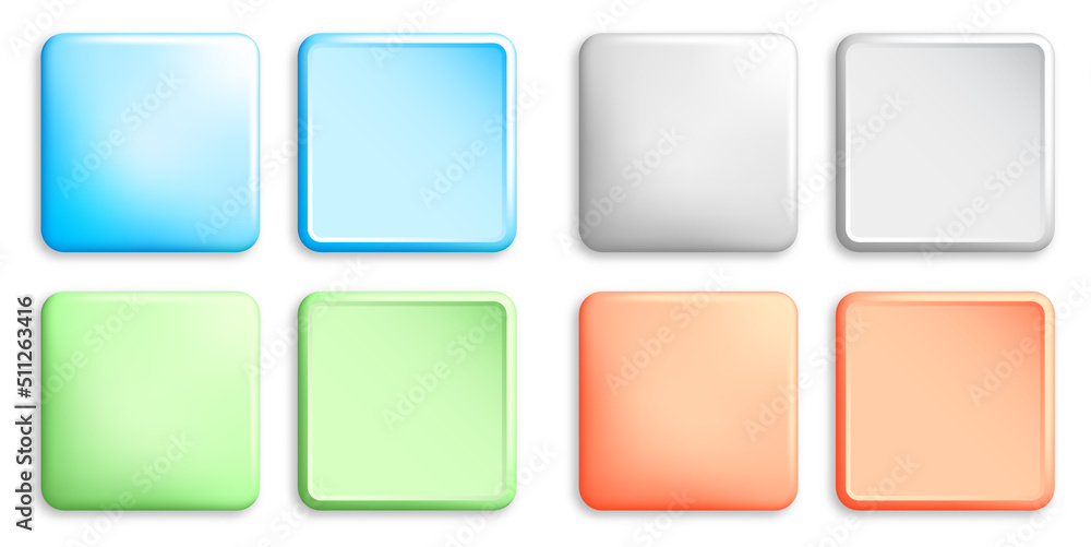Set of square multi colored buttons with rounded corners. Elements for design of web pages and interface. Vector isolated on white background Set of square multi colored buttons with rounded corners. Elements for design of web pages and interface. Vector isolated on white background
