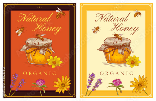 Natural Honey organic poster jar, flower, bee letter print ready