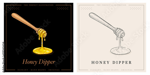 Honey dripping, wooden dipper stick, honey spoon