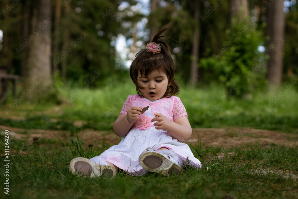 little 2 year old girl in a park near a forest little 2 year old girl in a park near a forest