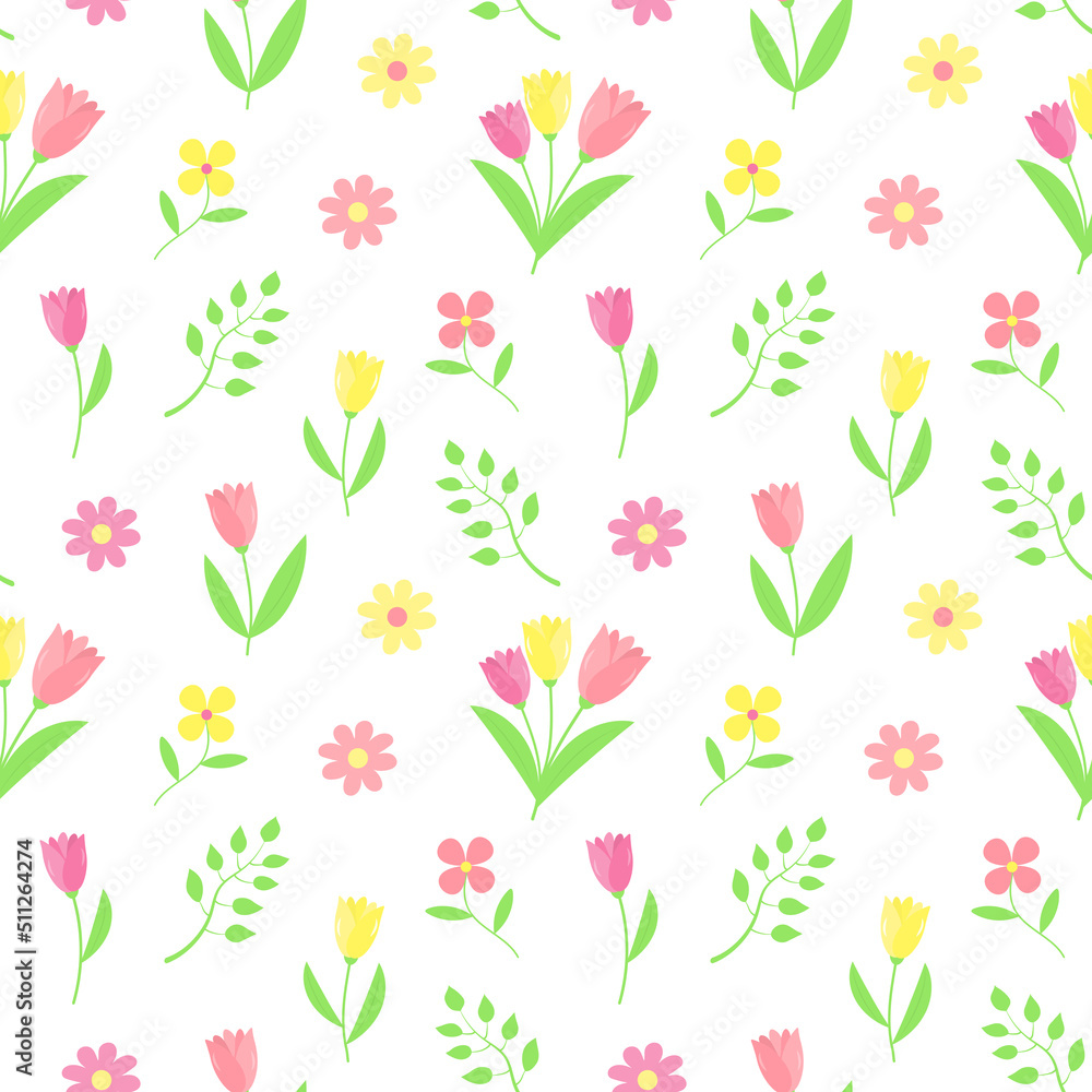 Seamless pattern with tulips, twigs and flowers. Vector texture for fashion, wallpaper and all prints. Seamless pattern with tulips, twigs and flowers. Vector texture for fashion, wallpaper and all prints.