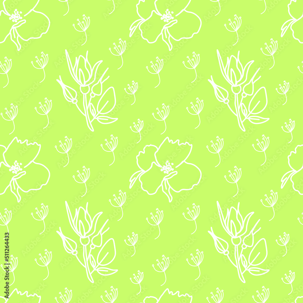 Vector seamless floral pattern in white line on lime background ...