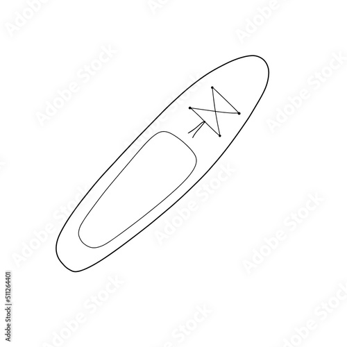 Paddle board for SUP surfing in doodle style. Vector illustration on white background