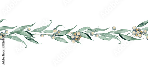 Seamless border of eucalyptus branches, leaves and seeds. Delicate floral romantic arrangement. Watercolor hand painted isolated illustration on white background.