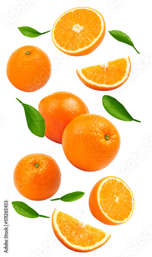 flying orange fruits isolated on white background. clipping path